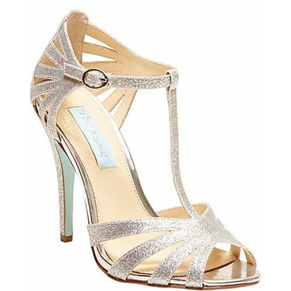 Betsey Johnson SB-TEE Silver Glitter T-Strap Stiletto Heels Wedding Shoes 6.5